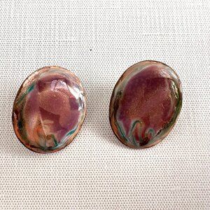 Abstract Design Enamel & Hammered Copper Earrings For Pierced Ears